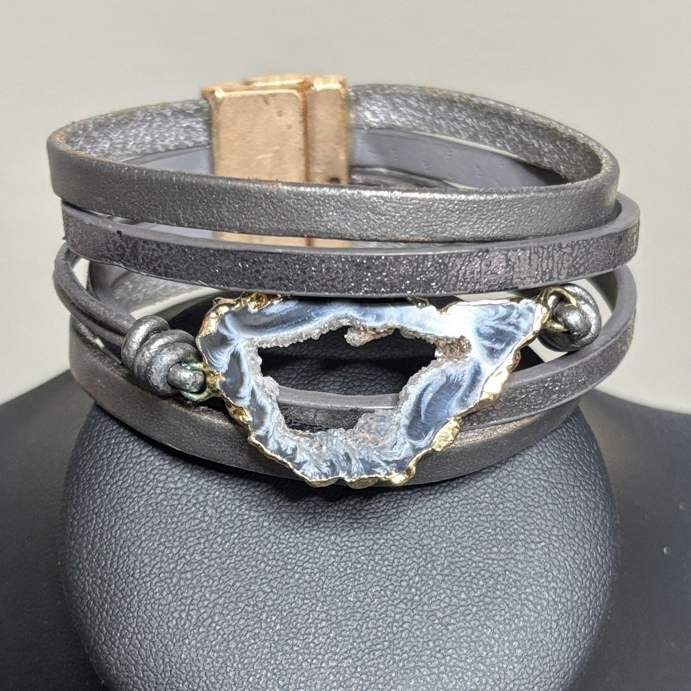 Saachi Silver Leather Geode Multi layer Boho Bracelet Western